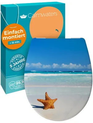 Produktbild von Calmwaters® WC Sitz Motiv Seestern einfache Montage, Toilettendeckel bis 250 kg,  EU, antibakterieller Duroplast, Absenkautomatik, 2 Montage Optionen, abnehmbar, Klobrille, oval