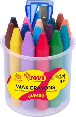 Produktbild von Jovi Wachsmalstifte Jovicolor, geruchlos, bruchsicher, leicht auswaschbar, für alle Altersgruppen, Becher mit 16 Farben und 1 Spitzer