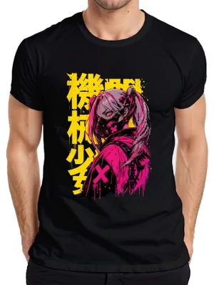 Productafbeelding van Cyberpunk anime-meisje, gasmasker, Japans, roze, Y2K, manga, heren T-shirt, zwart, maat M