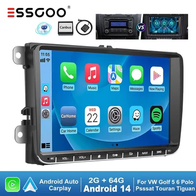 Imagen del producto de Radio para coche de 9 pulgadas con sistema Android 14 y GPS, compatible con VW Golf, Tiguan, Touran, Passat y Polo, con CarPlay, Android Auto, pantalla táctil 2 DIN, Bluetooth, Wi-Fi y 64GB de almacenamiento