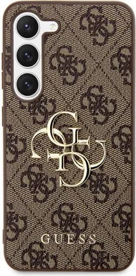 A close-up product shot of a phone case with a repeating Guess logo pattern and a prominent Guess logo in the center.