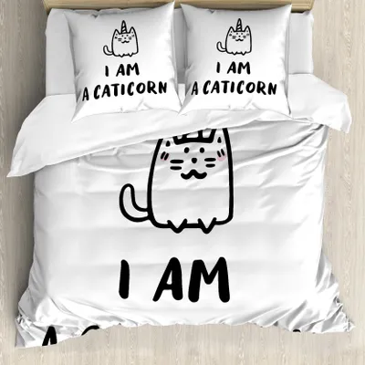 Produktbild von ABAKUHAUS Einhorn-Katze Bettbezug, Humorvoll Schreiben, Milbensicher Allergiker geeignet mit Kissenbezügen, 155 cm x 220 cm - 80 x 80 cm, Schwarz-Weiss