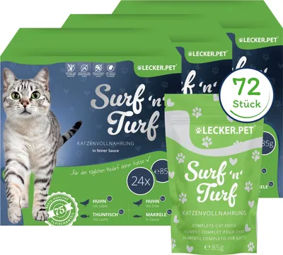 Image de Lot de 72 sachets de 85 g de nourriture humide pour chat Lecker.Pet® Surf'n'Turf en sauce fine - 4 variétés