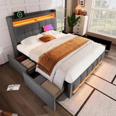 Obrázok produktu pre Postel s čalúneným rámom, rozmery 140 x 200 cm, s LED osvetlením a USB zásuvkou, čalúnená opierka s odkladacími plochami a úložným priestorom so 4 zásuvkami, manželská posteľ pre dospelých