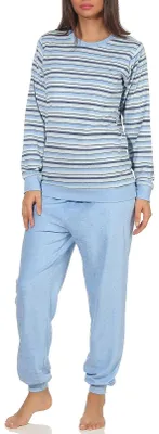 Produktbild von Eleganter Damen Frottee Pyjama Schlafanzug mit Bündchen in Streifenoptik - 291 201 13 572 ; hellblau , 44