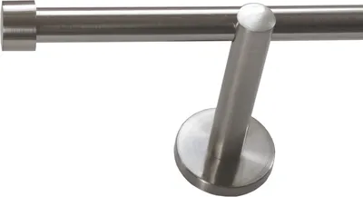 A close-up view of a metal curtain rod with a wall mount.