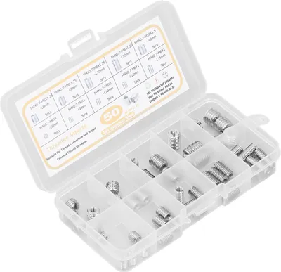 Image de 50 inserts filetés en acier inoxydable 303, assortiment avec boîte de rangement, couleur argent