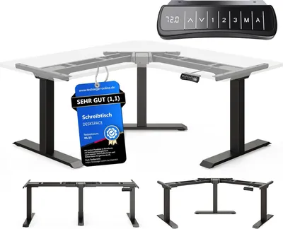 A corner standing desk frame with a promotional tag and control panel.