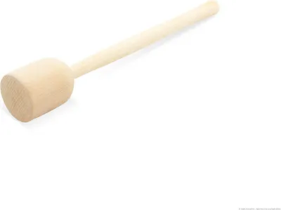 A wooden kraut pounder with a cylindrical head and a long handle, isolated on a white background.