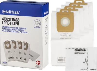 A box of Nilfisk dust bags and pre-filters, with several dust bags shown separately.