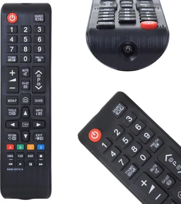 Three views of a black TV remote control against a white background.