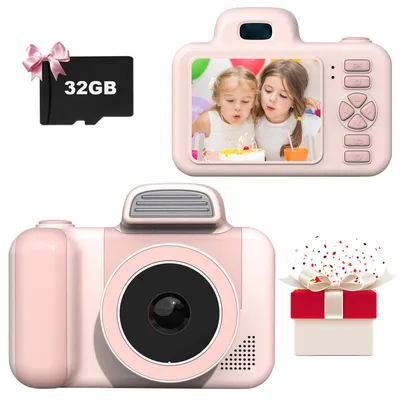 Produktbild von (Rosa) Kinder-Selfie-Kamera HD-Digitalvideokameras für Kleinkinder, tragbares Spielzeug für Kinder mit 32-GB-SD-Karte