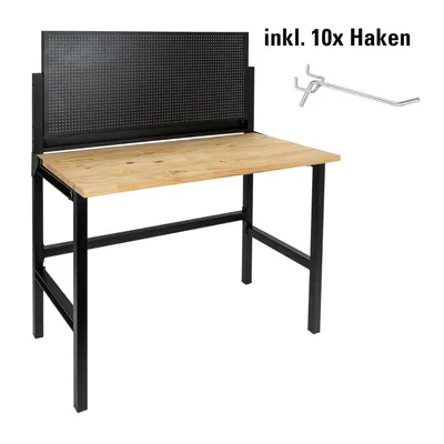 Produktbild von Klappbare Werkbank 121,5 cm Kiefernholz 25 mm Lochwand Stahlrahmen schwarz