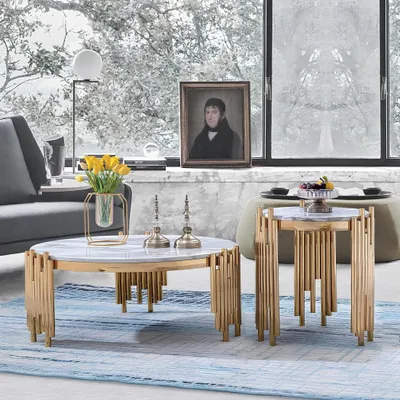 Produktbild von Luxus Design Couch Tisch Kaffee Beistell Tische Wohnzimmer Rund Marmor Sofa Neu
