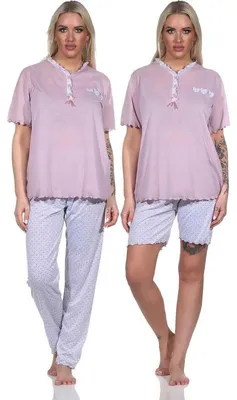 Produktbild von Damen 3 tlg. Pyjama Capri & lange Hose Shirt in kurzen Ärmeln; Altrosa/M/38