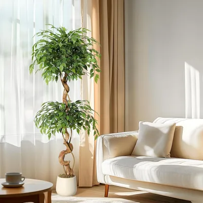 Image de Ficus artificiel, tronc courbé Ficus artificiel avec pot blanc Arbres artificiels pour l'intérieur, salon, chambre à coucher 150 cm