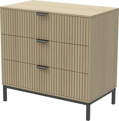 A three-drawer dresser with a ribbed wood front and black metal legs, shown against a white background.