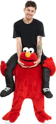 A person is wearing an Elmo costume.