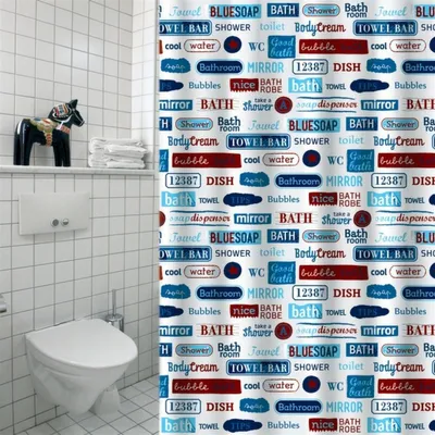 Produktbild von MSV Anti-Schimmel Duschvorhang "Labels"- Anti-Bakteriell, waschbar, wasserdicht, 100 % Polyester, 180x200cm weiß multicolor