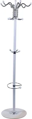 A white coat rack with multiple hooks and a circular base.