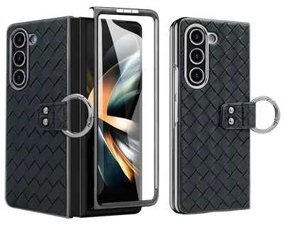 Produktbild von Für Samsung Galaxy Z Fold6 Design Gewebte Kunstleder Metall Ring Hülle Schwarz