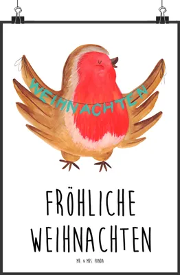 Produktbild von Mr. & Mrs. Panda Bild Rotkehlchen Weihnachten DIN A1 - Weiß - Geschenk, Wandbild, Frohe, Kunstdruck, Vogel, drucke, Winter, wanddeko, Heiligabend, Weihnachtsgruß