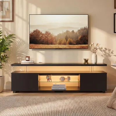 Immagine prodotto di Mobile TV Ropilly per televisori da 60 pollici, mobile TV nero con illuminazione LED, mobile TV con ampio vano laterale, dimensioni 130 x 40 x 48 cm