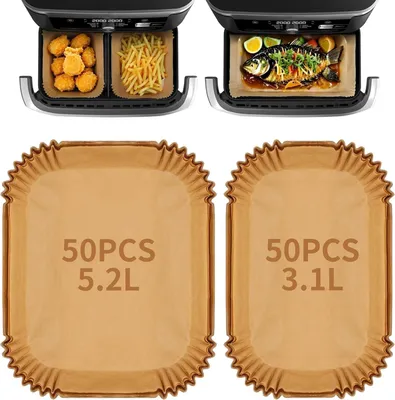 Image de 100 feuilles de papier de cuisson pour friteuses à air chaud, compatibles avec les modèles Tefal Easy Fry EY901810 et EY905D 5,2/3,1 l, Philips Airfryer Dual Basket série 3000, Cecotec 5,5/3,5 l et Moulinex 8,3 l – Accessoires pour friteuses à air chaud