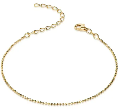 Goldenes Armkettchen im Kugelketten-Design, mit Karabiner Verschluss und Verlängerungskette, offen in runder Form ausgelegt.