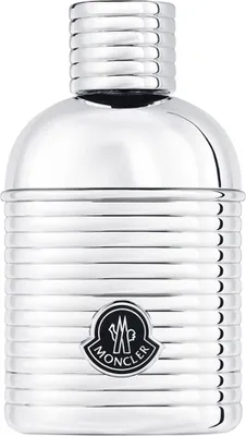 A silver perfume bottle with the Moncler logo.