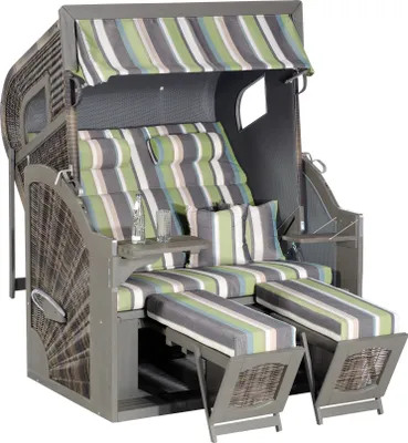 Produktbild von Strandkorb Rustikal zum Selbstaufbau, 2-Sitzer XL mit Fenstern, vintage-braun, Stoff grün-anthrazit-weiß, 135x165x90 cm ca.