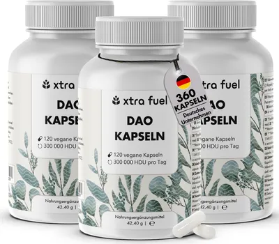 Three bottles of DAO capsules are displayed on a white background, with two capsules in the foreground.