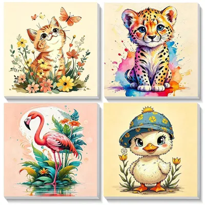 Image de Kit de peinture par numéros pour enfants, comprenant 4 tableaux avec cadre (20x20 cm), peintures acryliques et pinceaux