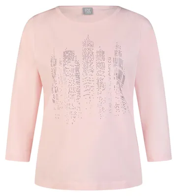 Produktbild von Rabe T-Shirt Rosa Größe 46 mit Rundhalsausschnitt, 3/4-Ärmeln und Strass-Skyline-Motiv
