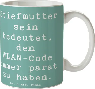 Produktbild von Mr. & Mrs. Panda Keramiktasse Spruch Stiefmutter Heldin - Meeresbrise - Geschenk, Stiefkind, einzigartige Designs, Familie, Trinkbecher, Kaffeebecher, handgefertigt