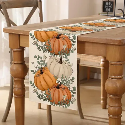 Obrázok produktu pre Jesenná dekorácia na stôl, 40x140 cm, oranžová, motívy: tekvice, listy, materiál: polyester, umývateľná