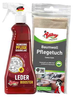 Produktbild von Poliboy Leder Booster - 375ml - Reinigung und Pflege für Möbel und Kleidung aus Leder - mit Baumwolltuch - 99A2201