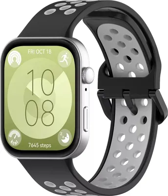 Produktbild von Strap-it Atmungsaktives Silikon-Sportarmband mit Schnallenverschluss – passend für Huawei Watch Fit 3 (Schwarz/grau)