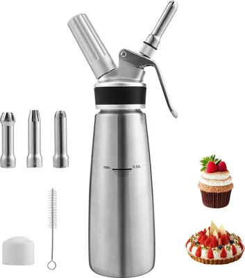 Produktbild von VINGO Sahnespender 500ml, Edelstahl Sahnesyphon, 3 Edelstahl Deko-Duesen und Reinigungbuerste inklusive, Profi Schlagsahne Dispenser fuer Desserts und Gebaeck(N2O Sahnekapseln Nicht Enthalten)