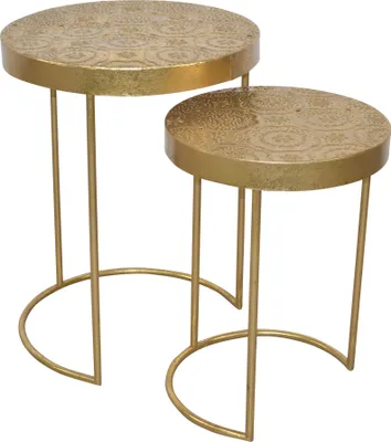 Two nesting side tables with a gold finish and decorative pattern on the tabletop.