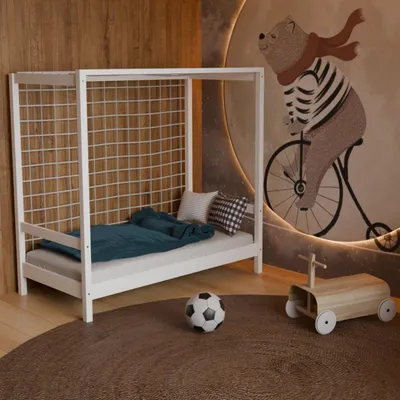 Produktbild von HAGO24 Kinderbett Fußballtor weiß Jugendbett Einzelbett Holz 70x140cm Kiefer Lattenrost Netz Spielbett Torrahmen