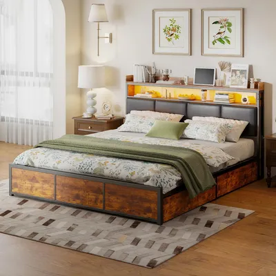 Produktbild von Doppelbett - Bettgestell 180×200 cm - Metallrahmen - Kopfteil aus Kunstleder - 4 Schubladen - Moderner Stil - Einfache Montage