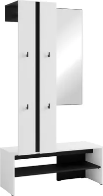 Produktbild von byLIVING Kompaktgarderobe NANTE / Weiß, Absetzung in schwarz / Spiegel, Kleiderstange, offene Fächer / Garderobenmöbel / Flurgarderobe / Maße: B 100, H 186, T 40 cm