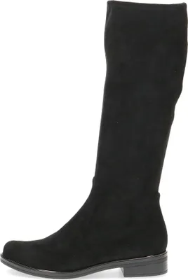 A side view of a black knee-high boot.