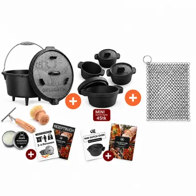 Produktbild von GUSSKÖNIG Dutch Oven Set 4,5 L mit Füßen + 4 Mini Dutch Oven 300 ml + Ringreiniger – Gusseisen, eingebrannt, inkl. Deckelheber, Bürste & Rezeptbücher