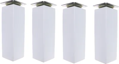 Four white square furniture legs with silver tops are arranged in a row against a white background.