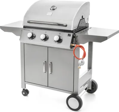 A stainless steel gas grill with a propane tank and hose attached, shown on a white background.