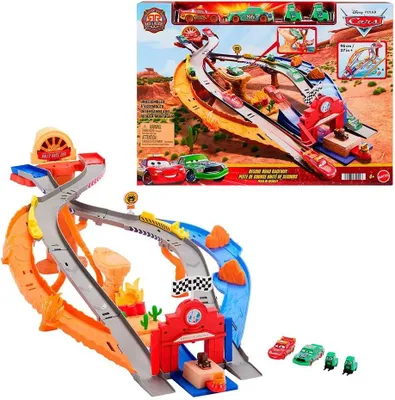 Produktbild von Disney Pixar Cars Radiator Springs Rennen & Retten Rettungsweg-Rennstrecke Spielset mit 4 Spielzeugautos, Fahrzeug- & Schienen-Set, 4 Jahr(e), Kunststoff, Metall, Mehrfarbig