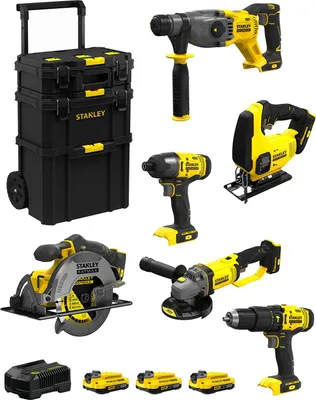 Zdjęcie produktu dla Zestaw STANLEY FatMax SVK600 (SFMCH900 + SFMCG400 + SFMCD711 + SFMCF800 + SFMCS500 + SFMCS600 + 3 x 2,0 Ah + ładowarka + wózek 3 w 1)