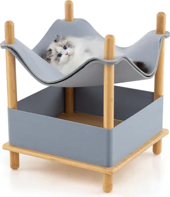 Produktbild von GOPLUS Erhöhtes Katzenbett, 2-stöckiges Katzenhaus für Katzen & Kätzchen mit Doppelschicht-Oberfläche, Katzenhöhle, Hängematte & Stauraum, Grau